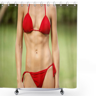 Personality  Body Section Of A Woman Wearing A Red Bikini In A Green Grass Garden Shower Curtains