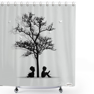 Personality  Vector Background With Children Under Tree. Vector Illustration. Shower Curtains