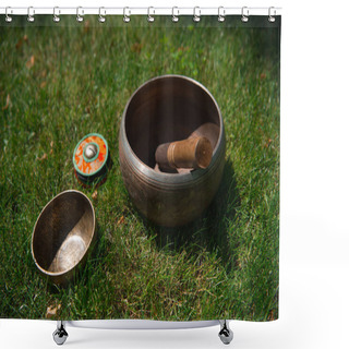 Personality  Tibetan Singing Bowls On Green Grass In Park Shower Curtains