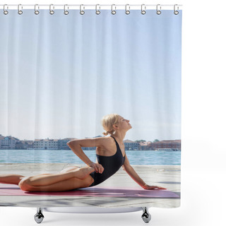 Personality  Side View Of Barefoot Woman In Bodysuit Practicing Yoga On Urban Street In Venice  Shower Curtains