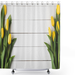 Personality  Top View Of Beautiful Yellow Tulip Flowers On White Wooden Surface      Shower Curtains