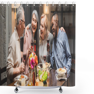 Personality  Panoramic Shot Of Smiling Multicultural Friends Hugging And Holding Wine Glasses During Dinner  Shower Curtains
