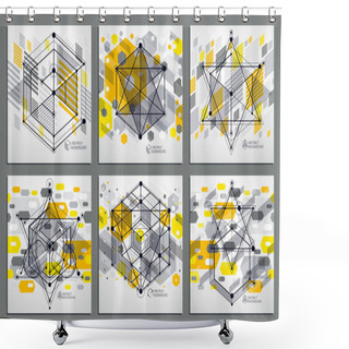 Personality  Vector Of Modern Abstract Cubic Lattice Lines Yellow Backgrounds Set. Layout Of Cubes, Hexagons, Squares, Rectangles And Different Abstract Elements. Abstract Technical 3D Background. Shower Curtains