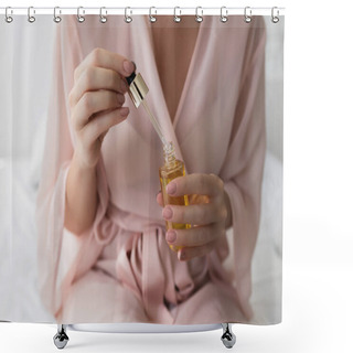 Personality  Hands Of Unrecognisable  Woman Holding Bottle With Cosmetic Serum. Shower Curtains