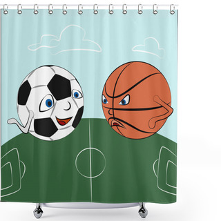 Personality  Cartoon Sport Balls On The Field. Vector Illustration. Shower Curtains