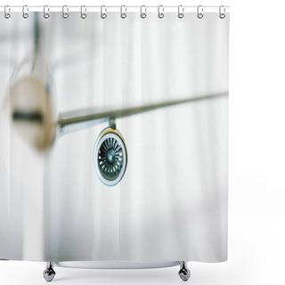 Personality  Airplane Wing, Engine. A Nose Of A White Toy Airplane, Airliner On A White Background. Aircraft, Transportation For Traveling Abroad, Trips, Vacations, Airpot. Fly Around A World. Model Plane Details Shower Curtains