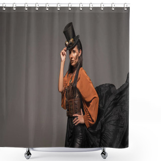 Personality  Steampunk Woman In Top Hat With Goggles Standing With Hand On Hip Isolated On Grey Shower Curtains