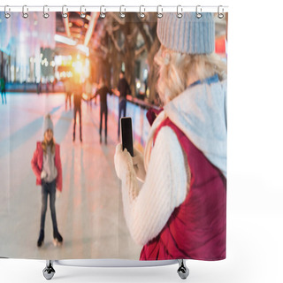 Personality  Young Woman With Smartphone Photographing Cute Little Daughter On Skating Rink Shower Curtains