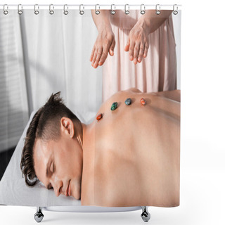 Personality  Cropped View Of Healer Standing Near Shirtless Man Lying With Closed Eyes With Stones On His Back Shower Curtains