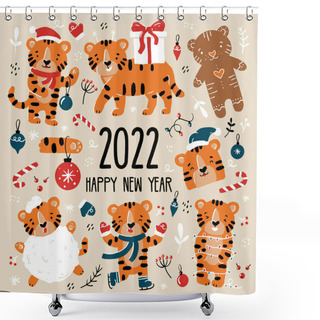 Personality  New Year And Christmas Funny Tiger Cubs Set In Santa Claus Costumes. Shower Curtains