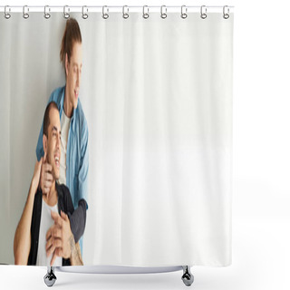 Personality  A Man Holds Another Man On His Shoulders, Showcasing Strength And Unity. Shower Curtains