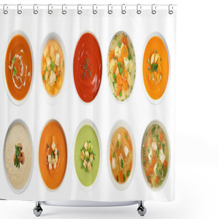 Personality  Set Of Different Fresh Homemade Soups On White Background, Top View  Shower Curtains