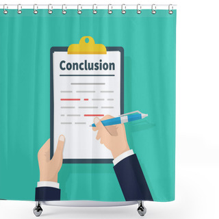Personality  Man Writes Conclusion, Report Concept. Holding The Clipboard And Pen In Hand. Paperwork, Sheets In Folder. Vector Illustration Flat Design. Isolated On Green Background. Shower Curtains