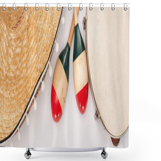 Personality  Top View Of Wooden Maracas With Tambourine And Sombrero On White Background, Panoramic Shot Shower Curtains