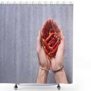 Personality  Cropped Shot Of Man Holding Dried Chili Peppers In Hands With Grey Surface On Background Shower Curtains