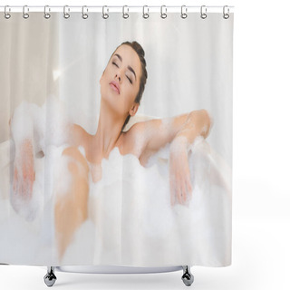 Personality  Attractive Young Woman Taking Bath With Foam At Home Shower Curtains