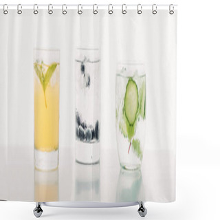 Personality  Refreshing Drinks With Blueberries, Mint, Cucumber And Ice Isolated On White, Panoramic Shot Shower Curtains