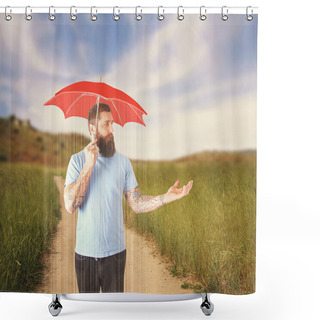 Personality  Guy In Thunderstorm Under Umbrella Shower Curtains