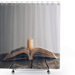 Personality  Open Holy Bible With Candle On Wooden Table Shower Curtains