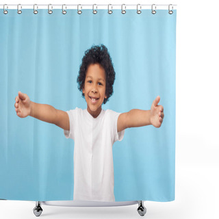 Personality  Come Here, Free Hugs! Portrait Of Lovely Good-natured Little Boy With Curly Hair In White T-shirt Smiling Excitedly And Holding Hands Wide Open To Embrace, Greeting. Indoor Studio Shot Blue Background Shower Curtains