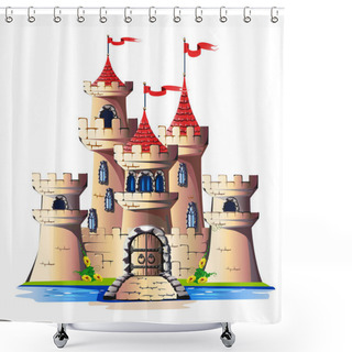 Personality  Fairytale Towers Of A Stone Castle With A Gate And A Bridge. Vector Illustration. Shower Curtains