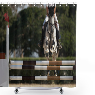 Personality  Jockey On Her Horse Leaping Over A Hurdle, Jumping Over Hurdle On Competition Shower Curtains