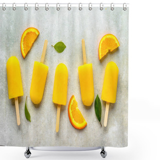 Personality  Homemade Popsicles With Orange Juice, Ice Lollies On Sticks, Top View Flat Lay Shower Curtains