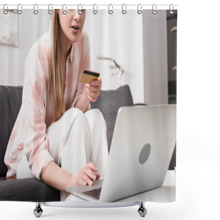 Personality  Cropped View Of Young Woman Holding Credit Card And Using Laptop On Coffee Table Shower Curtains