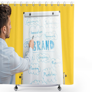 Personality  Back View Of Businessman Standing Near White Office Board, Pointing At Words On Flipchart Shower Curtains