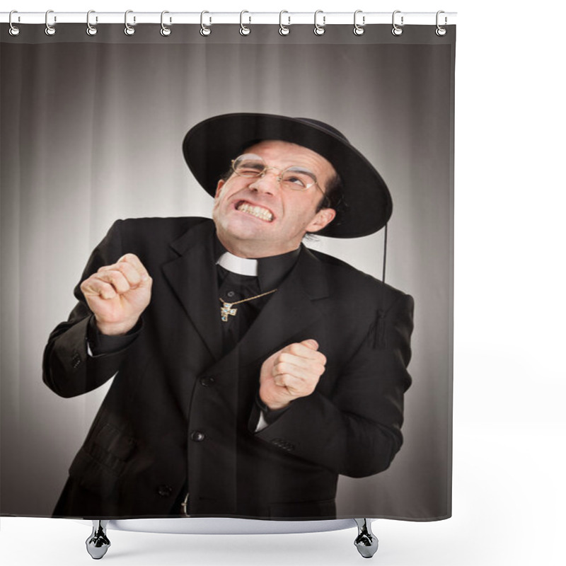 Personality  Young Priest Pray Portrait On Grey Background Shower Curtains
