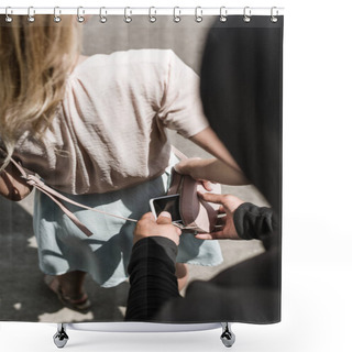 Personality  Cropped View Of Man Pickpocketing Smartphone From Womans Bag Shower Curtains