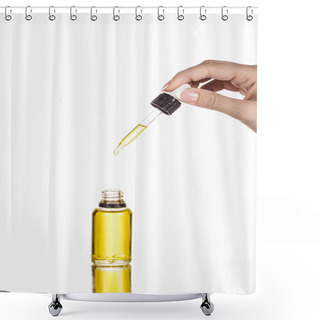 Personality  Cropped View Of Woman Holding Dropper Near Bottle With Natural Serum Isolated On White Shower Curtains