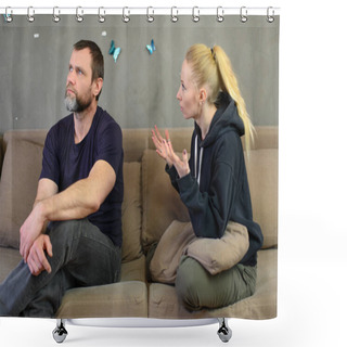 Personality  Photo Of A Girl Unhappy Talking To A Man On A Couch At Home Shower Curtains