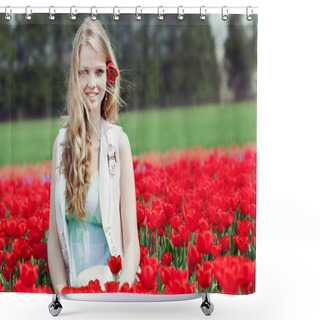 Personality  Beauty Young Woman With Flowers Tulips Shower Curtains