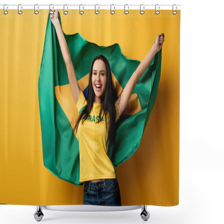 Personality  Excited Female Football Fan Holding Brazilian Flag On Yellow Shower Curtains