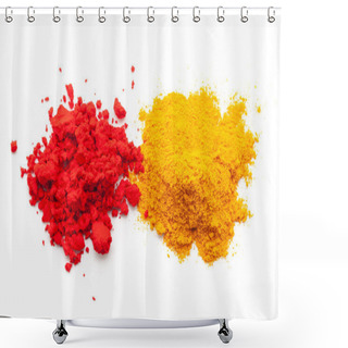 Personality  Hindu Pooja Items, Auspicious Red Sindoor (vermilion) Or Kumkum, And Haldi On A White Background. Shower Curtains