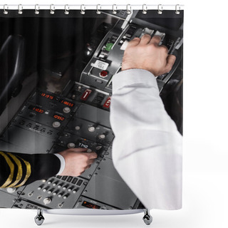 Personality  Top View Of Pilots Using Control Panel And Thrust Lever In Airplane  Shower Curtains
