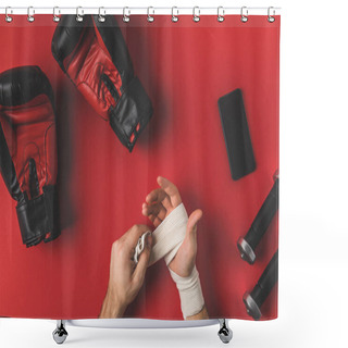 Personality  Cropped Shot Of Boxer Covering Up Hands In Elastic Bandage On Red Surface Shower Curtains