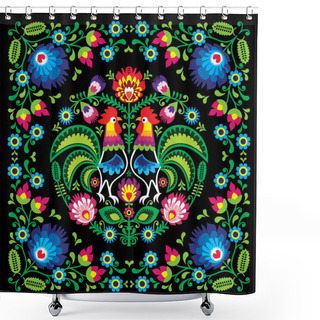 Personality  Polish Retro Folk Art Square Vector Pattern With Roosters And Flowers - Wzory Lowickie, Wycinanki On Black Background Shower Curtains