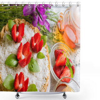 Personality  Celebratory Cake With Strawberries Flowers, Tea And Irises Shower Curtains