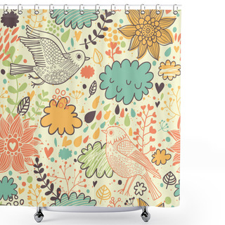 Personality  Bright Summer Seamless Pattern With Birds, Flowers And Clouds. Seamless Pattern Can Be Used For Wallpapers, Pattern Fills, Web Page Backgrounds, Surface Textures. Shower Curtains