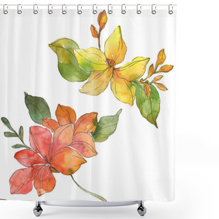 Personality  Red And Yellow Tropical Floral Botanical Flowers. Wild Spring Leaf Wildflower. Watercolor Background Illustration Set. Watercolour Drawing Fashion Aquarelle. Isolated Flower Illustration Element. Shower Curtains