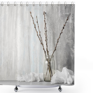 Personality  Willow Branches On Wooden  Table, Close Up Shower Curtains