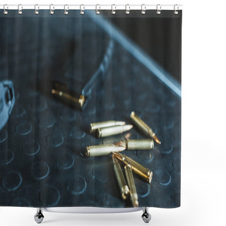 Personality  Close Up View Of Bullets And Rifle Magazine On Table Shower Curtains