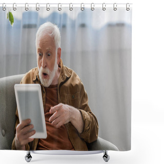 Personality  Shocked Senior Man Pointing With Finger While Using Digital Tablet Shower Curtains
