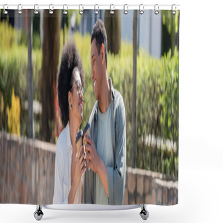 Personality  Cheerful African American Couple Holding Takeaway Coffee While Walking On Urban Street, Banner Shower Curtains