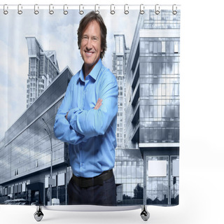 Personality  Insurance Broker And Cityscape On Background Shower Curtains