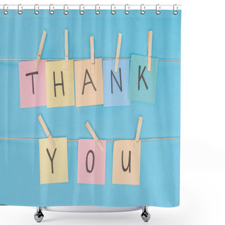 Personality  Colorful Sticky Notes Spelling Thank You On Lace With Clothespins Isolated On Blue Background Shower Curtains