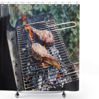 Personality  Tasty Meat Grilling On Barbecue Grid And Coal Pieces Outside  Shower Curtains