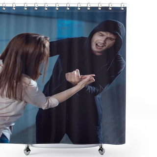 Personality  Woman Defending Herself From Attacking Thief In Black Hoodie In Underpass Shower Curtains